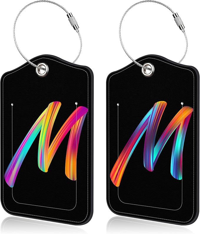 Luggage Tags for Suitcase,2 Pack Neon Colorful Letters Luggage Tags,Leather Baggage Tags Identifiers with Privacy Name Address Labels and Metal Loop for Women Men Girls Travel,Letter M