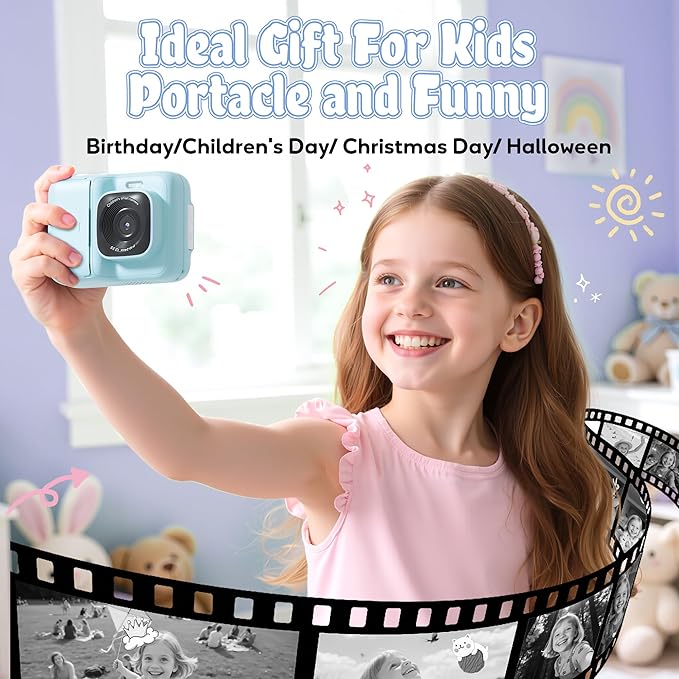 ETIKEZ Kids Camera, 1080P Instant Digital Print Camera for Kids, Christmas Birthday Gifts for 4 5 6 7 8 9 10 Year Old Girls Boys, Portable Toy with 32GB SD Card & 3 Rolls Printing Paper, Blue