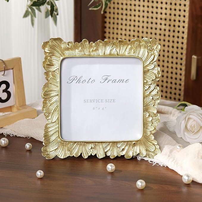 Cuspin 6x6 Picture Frame Gold Frames Square, Vintage Palm Leaves Textured Hand-Crafted Resin Frames with Glass Front, Retro Photo Frame for Wall Hanging and Tabletop Display Home Decor