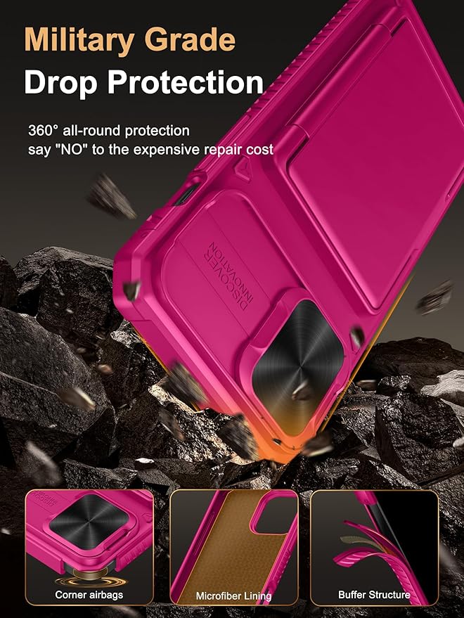 Vihibii for iPhone 13 Pro Max/iPhone 12 Pro Max Case with Card Holder (4 Cards), [RFID Blocking] & Slide Lens Camera Cover, Military Grade Drop Protection, Heavy Duty Rugged Wallet Phone Case, Pink