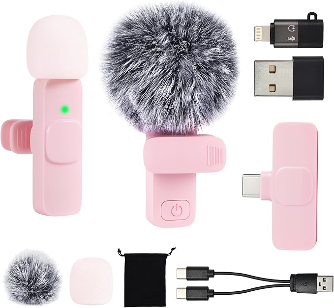 Mini Microphone for iphone Android Phone Tablet ipad PC, Usb C Wireless Lavalier Pink Mic for Video Recording Vlogging Youtube Tiktok Podcast Interview content creators, Clip on Tiny Microphones