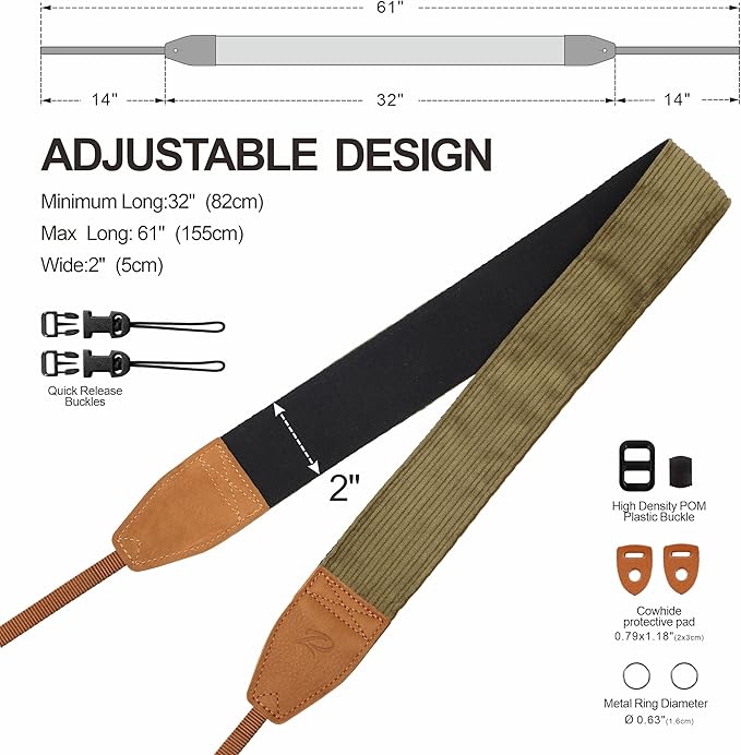 Padwa Lifestyle Olive Green Corduroy Camera Strap - 2" Double Layer Full Grain Cowhide Leather Head Camera Straps for Photographers, Unique Soft Corduroy Fabric with Quick Release fits all Cameras