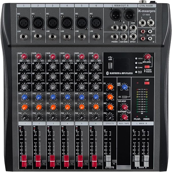 6 Channel Professional Audio Mixer Console Sound Board with 48V Phantom Power,USB Audio Interface for Live Show,Streaming Recording Music Stage Karaoke