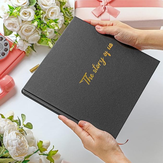 Colarr Hardcover Couples Scrapbook 144 Pages 8.7 x 8.7" Couples Photo Album Scrapbook Journal for 1 Year Wedding Memory Anniversary Photo Book Gift with 2 Markers(Black)