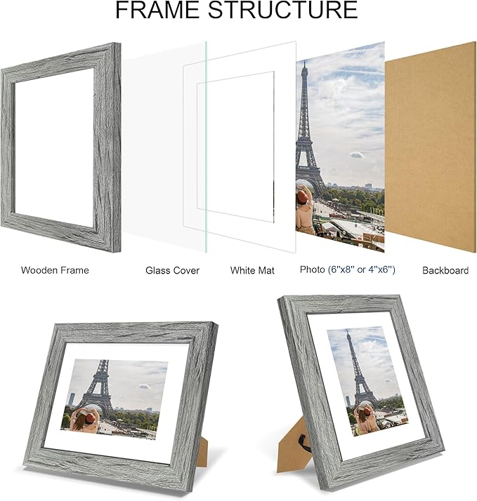6x8 Picture Frame Set of 4, Made of Real Glass and Grey Frame - Display Picture 4x6 with Mat or 6x8 Without Mat, 6 by 8 Photo for Wall or Tabletop