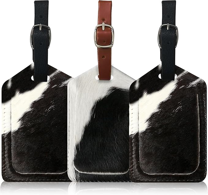 Mulch Leather Genuine Cow Leather Luggage Tag (Pack of 3) for Baggage ID Tags Travel Bag Tags for Suitcases Privacy Cover ID Label (Hair ON)
