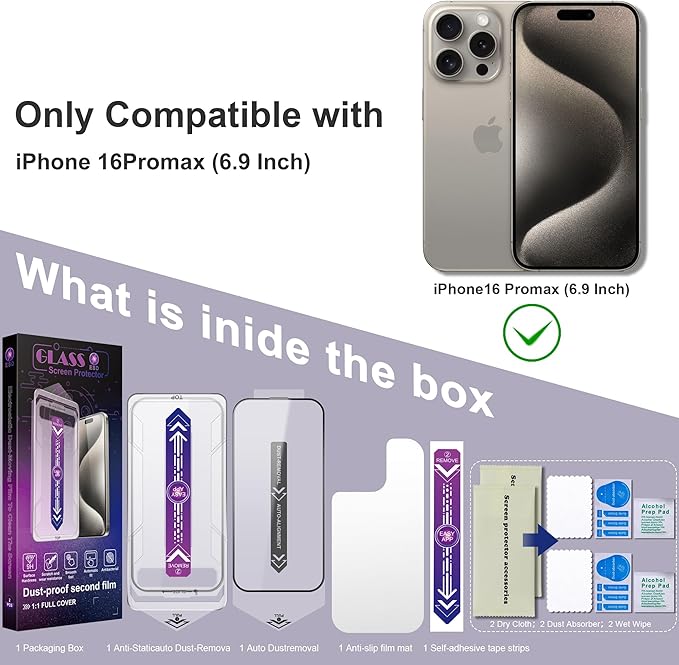CHRYSHA 2 Pack Screen Protector for iPhone 16 Pro Max, 9H Tempered Glass, Full Coverage, Anti-Fingerprint, Auto Dust-Elimination, No Bubble, Easy Installation