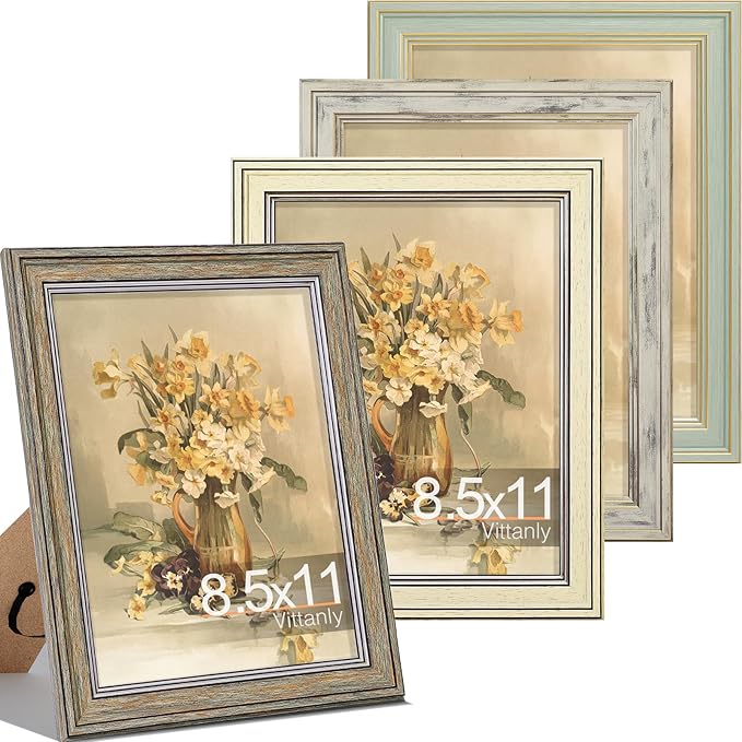 Vittanly 8.5x11 Picture Frame Set of 4, Vintage Photo Frame for Wall Mount, Display 6x8 Pictures with Mat or 8.5x11 without Mat, Rustic Farmhouse Home Decor, Multicolour