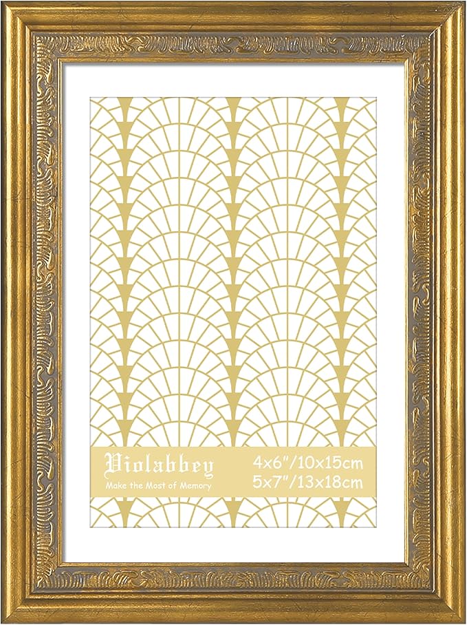 VIOLABBEY 5x7 Matte Gold Picture Frame, Display 4x6 Photo with Mat or 5x7 without Mat, Ornate Vintage 5 x 7 Matte Gold Frame for Wall Decor or Tabletop Display