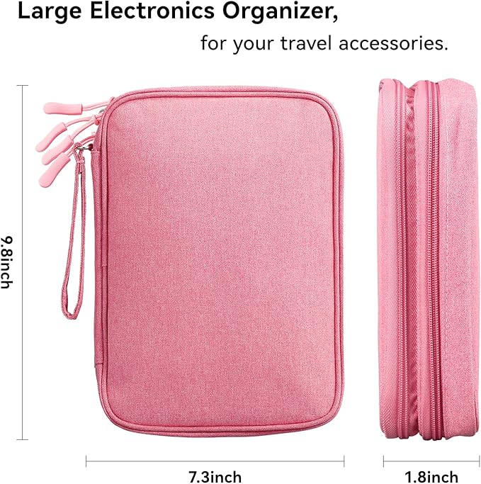 Large Electronics Organizer, Travel Accessories Cord Pouch for 7.9 Inch Tablet, Cables, Charger, Power Adapter, 2 Layers (Rosy Pink)