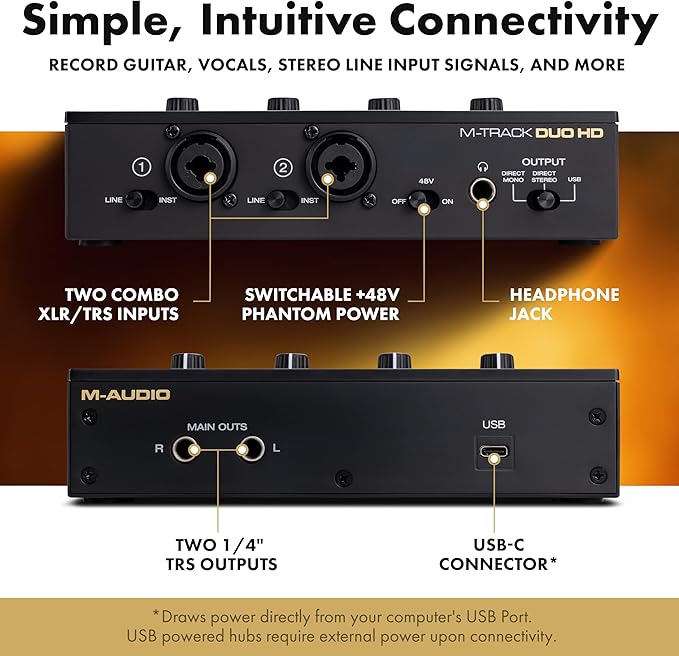 M-AUDIO M-Track Duo HD Audio Interface 24bit 192kHz for Recording, Streaming, Podcasting with USB-C, 2 XLR TRS Inputs, 2 TRS Outputs, Software Suite