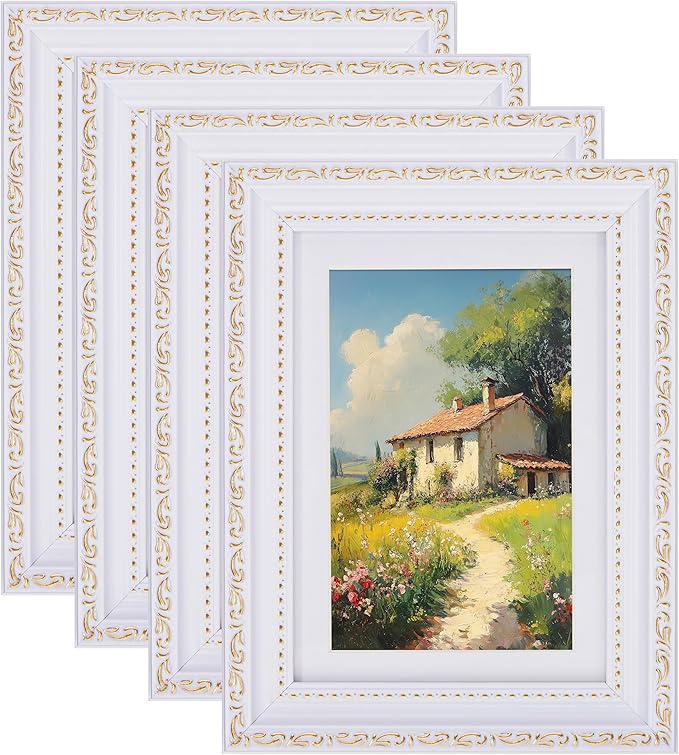 eletecpro 5x7 Picture Frames Set of 4, White Frames with Glass Cover, Vintage 5 x 7 Photo Frame Displays 4x6 Photo with Mat or 5x7 without Mat for Tabletop or Wall Decor, White