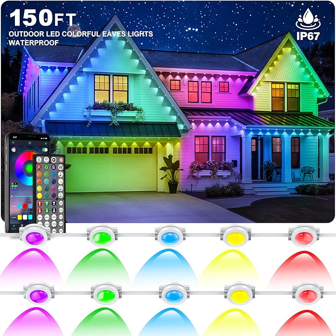 Permanent Outdoor Lights,150FT RGB Eave Light,IP67 Waterproof Lighting for House,Smart LED with App/Remote Control for Outdoor Decor,Garden Decor,Party,Holiday