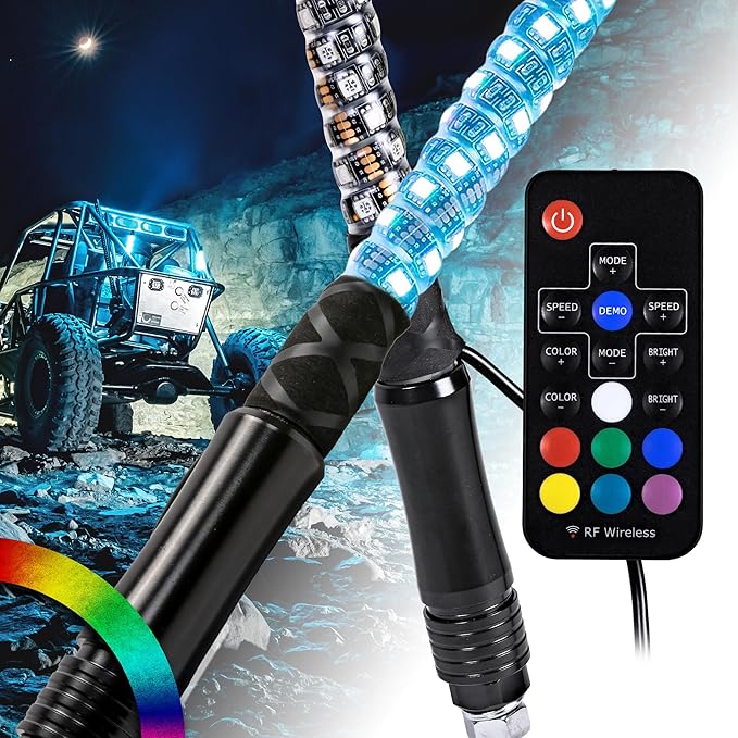 True Mods 2pc 1ft Spiral RGB LED Whip Light for UTV ATV [RF Wireless Remote] Waterproof LED Lighted Whip CB Antenna Pole Stick for RZR Can-Am Polaris SxS 4x4 Quad Dune Buggy 4 Wheeler Accessories