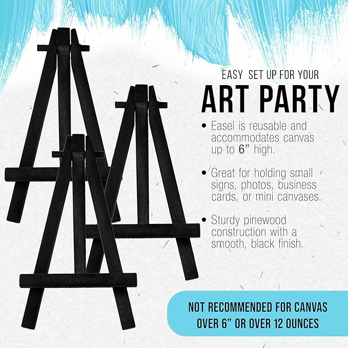 U.S. Art Supply 8" High Small Black Wooden Easel (6 Pack), A-Frame Canvas Stand Tripod, Small Painting Easels - Tabletop Easel for Painting, Canvases, Student Crafts, Event Signs Photos