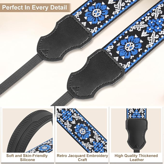 Neck Strap Silicone Camera Straps - Padded Camera Strap, 1.5" Wide Adjustable Nylon Shoulder Strap - Compatible with Canon, Nikon, Sony, and More DSLR and Mirrorless Cameras (Blue)