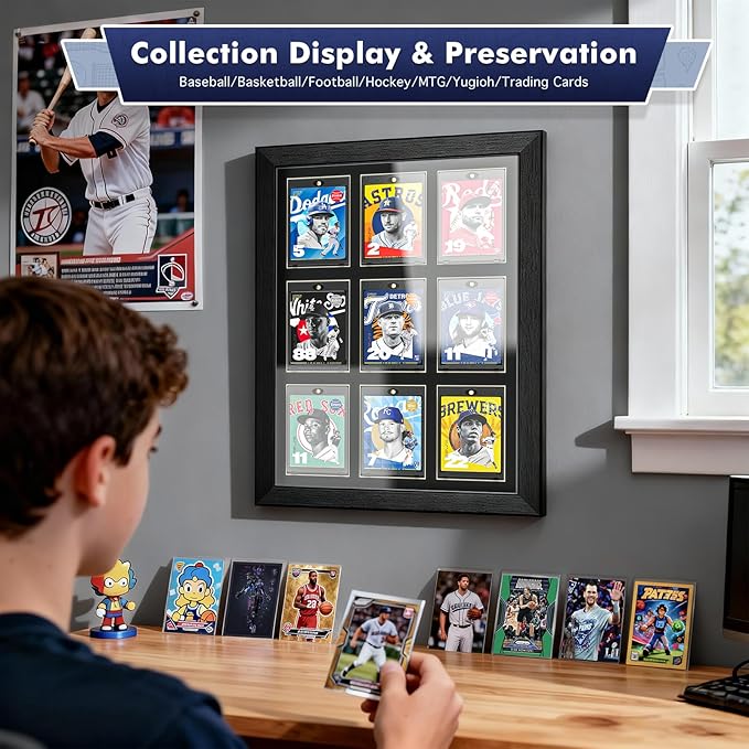 Trading Card Display Case for 9 Standard Cards - Wall Mount Baseball Card Display Case with UV Protection Magnetic Card Holder, Sports Display Cases for Football Basketball Hockey Card Collection
