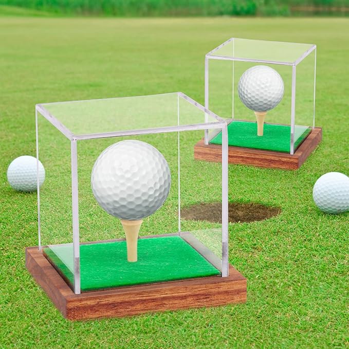2 Pack Clear Acrylic Golf Ball Display Case with Wood Base & Tee, Memorabilia Stand Cube Holder, Dust Protection Transparent Storage Box for Single Ball Souvenir Golfball Collections
