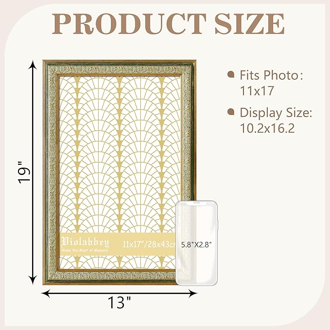 VIOLABBEY 11x17 Picture Frame Green, Vintage Photo Frames Ornate without Mat for Wall Hanging