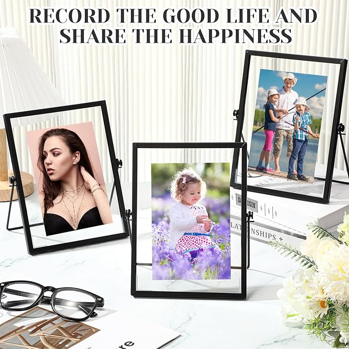 Hoteam 12 Pack 6 x 8 Inch Black Floating Frame for Photo 4 x 6 Inch, Glass Floating Picture Frame Collection Vintage Metal Minimal Ornate Easel for Wedding Gift Pictures Photos Desk Tabletop Display