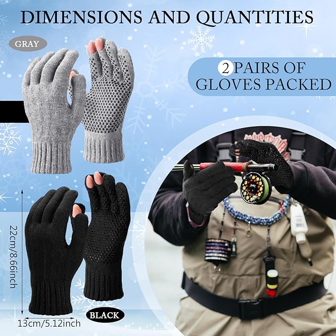 Geyoga 2 Pairs Wool Fingerless Fishing Gloves for Men Women Anti-Slip with Grip Dots Warm Winter Fly Ice Fishing Gloves