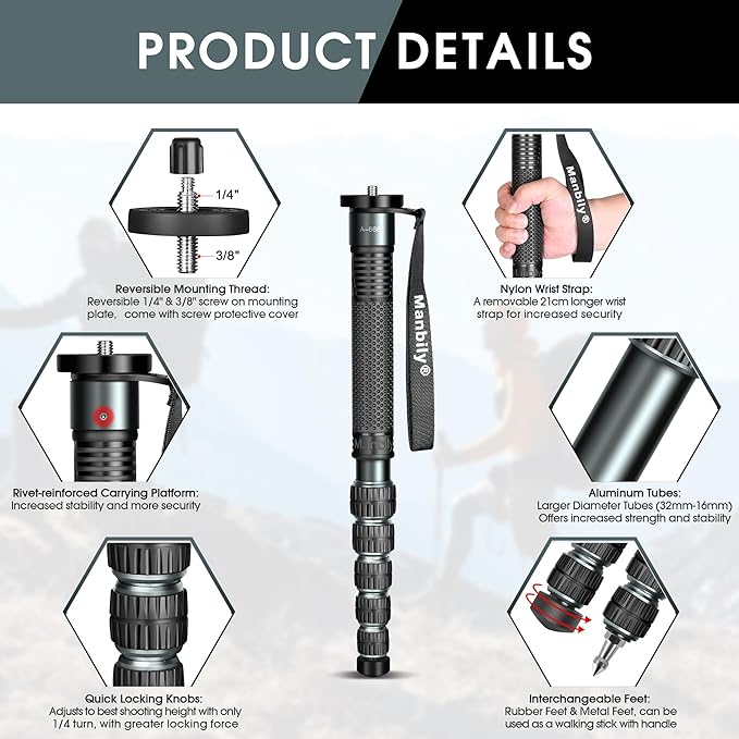 Manbily A-666L Camera Monopod - 32mm Aluminum Tube With Walking Stick Handle for DSLR Cameras Canon Sony Nikon - 69" Travel Monopod, 33 lbs/15kg Payload