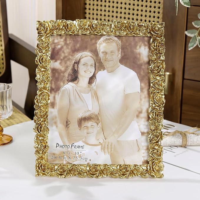 Cuspin 8x10 Picture Frame Vintage, Gold Ornate Rose Flower Resin Photo Frame with Glass Front for Wall Hanging or Tabletop Display, Antique Picture Frames for Home Decor