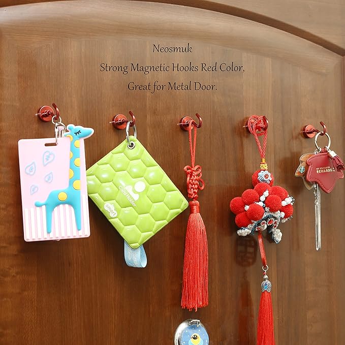 Neosmuk Magnetic Hooks, Cruise Ship Essentials, 30lb+ Heavy Duty Magnetic Hooks for Cruise Cabins, Refrigerator, Grill, Hanging, and Travel | Extra Strong Must-Haves Magnet Hook,Red,5 Pack