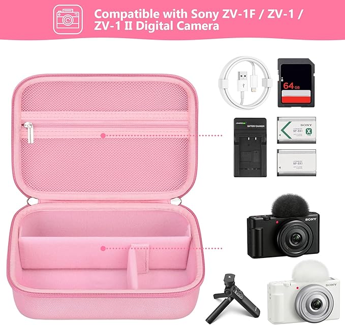 Hard Travel Case for Sony ZV-1F / ZV-1 / ZV-1 II Digital Camera, Protective Cases Bag Fits Vlogger Accessory Kit Tripod and Microphone, Extra Zipper Pocket fit Battery Charger, Pink