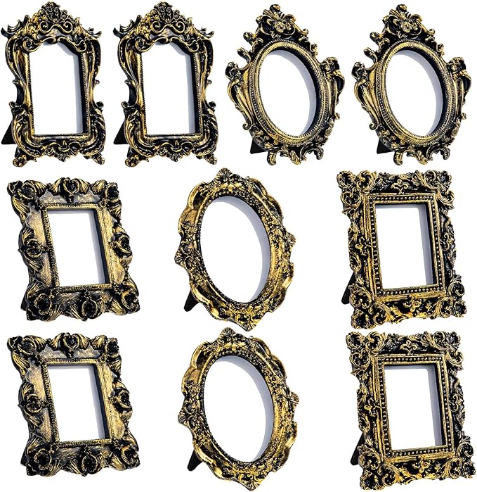 Maitys 10 Pcs Mini Picture Vintage Frames with Stands Tiny Antique Photo Baroque Ornate Resin Oval Frame Table Top Display Home Wedding Decor (Black Gold)