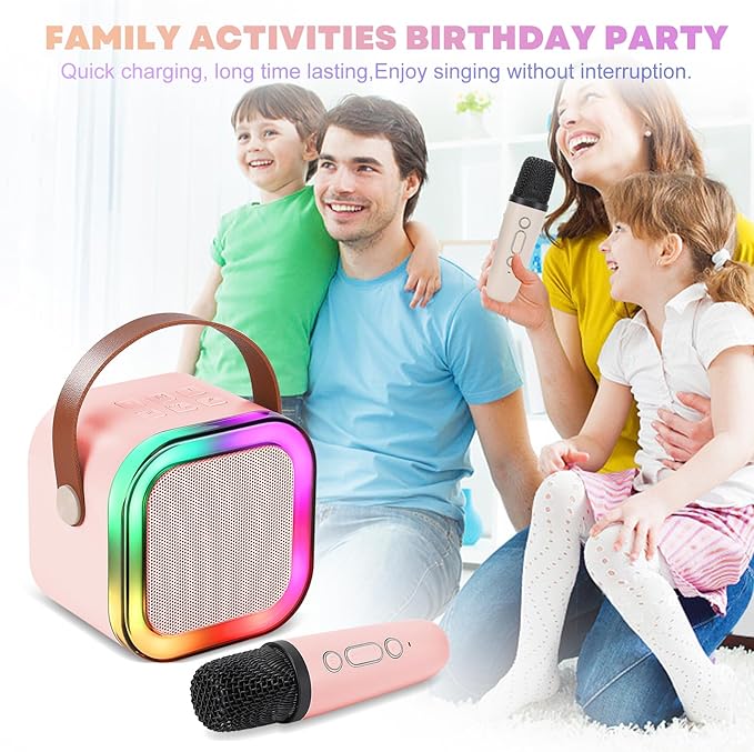 Mini Karaoke Machine, Portable Bluetooth Karaoke Speaker with 2 Wireless Microphones and Light for Family Home Party,Toys for Girls Boys Friends Age 3-12+ Kids and Adults Birthday Gifts.(Pink)