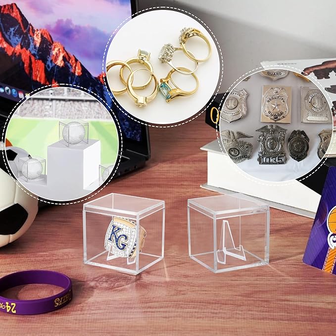 4 Pack Championship Ring Display Case Clear Acrylic Ring Case Display Box for Sports Baseball Softball Football Basketball Single Ring Coin Holder Stand, 2.16 Inch
