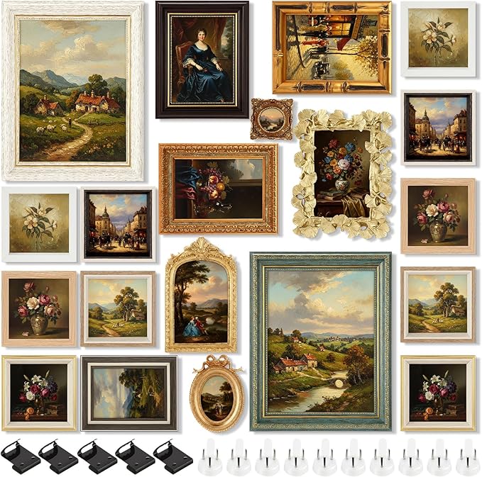 Kathfly 20 Pack Vintage Picture Frames for Wall or Tabletop Display Ornate French Country Frames Vintage Farmhouse Decor Antique Wall Art Set for Gallery Bedroom Living Room Decor (Simple Style)