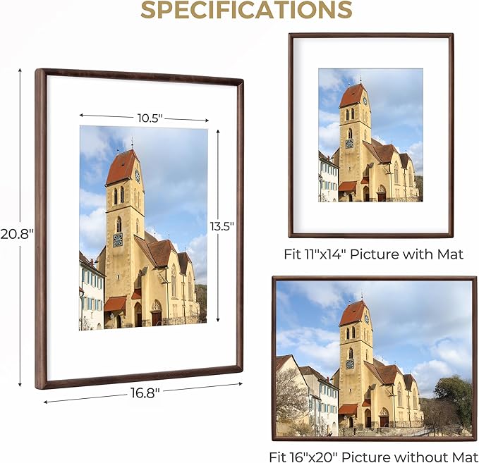Dreamland 16x20 Natural Wood Frame Solid Walnut Wood Picture Frame Matted to 11x14 Handcrafted Rounded Cornerwith HD Tempered Glass Tabletop or Wall Mount Display, 1 Pack