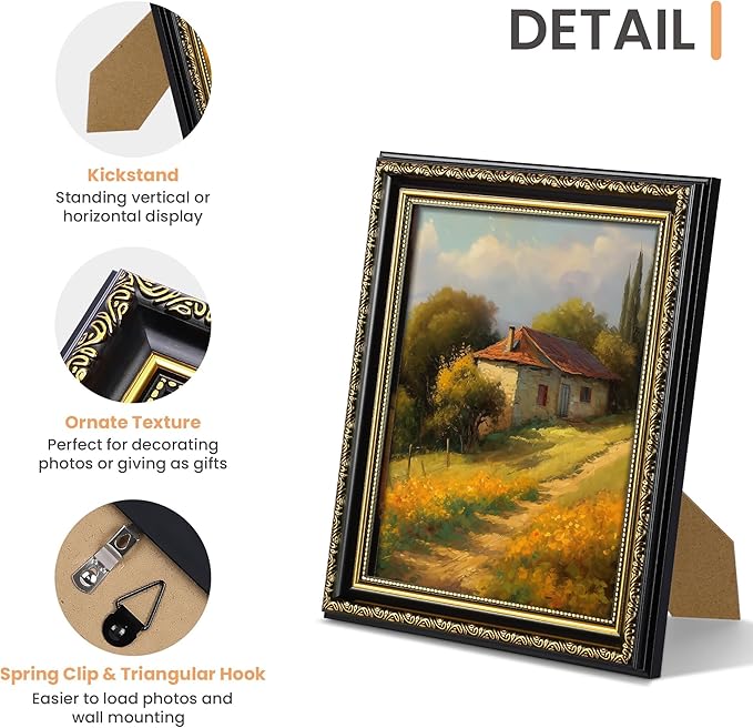upsimples 8x10 Picture Frame with Real Glass, Ornate Vintage 8 x 10 Photo Frames for Wall Decor or Tabletop Display, Black and Gold, 2 Pack