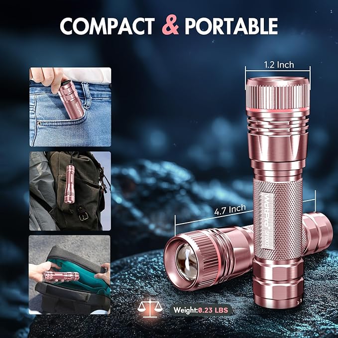 WdtPro Rechargeable Flashlights High Lumens, 2 Pack 10H Long Lasting Super Bright EDC Flashlight, LED Mini Tactical Flash Lights for Camping Emergency, Drop & Water Resistant Pink(Battery Included)
