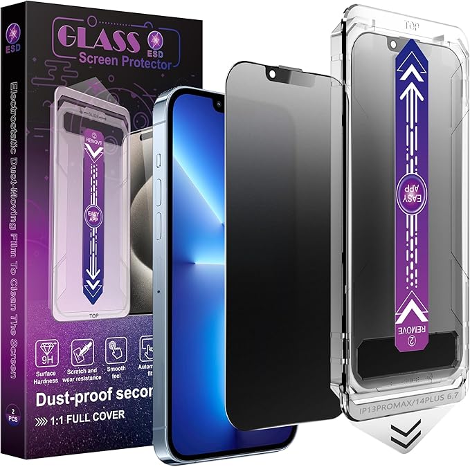 CHRYSHA 2 Pack Matte Privacy Screen Protector for iPhone 13 Pro Max/iPhone 14 Plus, 9H Tempered Glass, Full Coverage, Anti-Fingerprint, Auto Dust-Elimination, No Bubble, Easy Installation