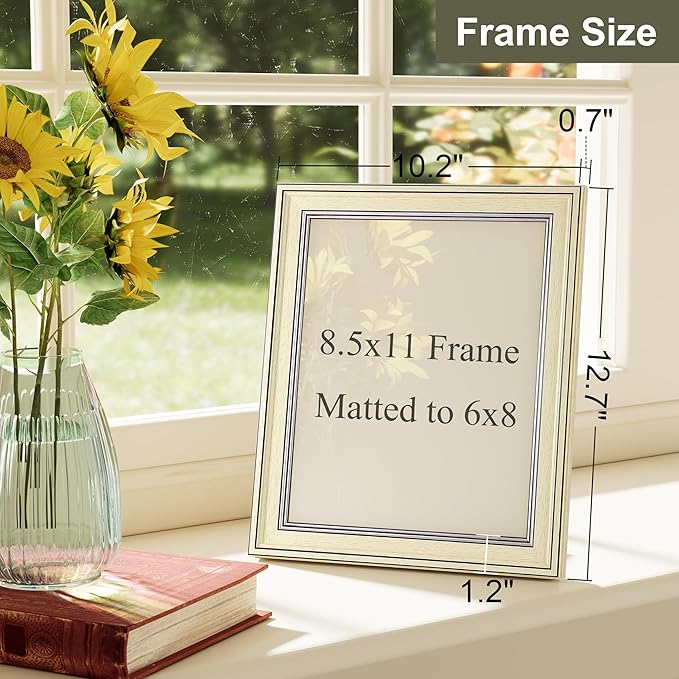 Vittanly 8.5x11 Picture Frame Set of 4, Vintage Photo Frame for Wall Mount, Display 6x8 Pictures with Mat or 8.5x11 without Mat, Rustic Farmhouse Home Decor, Beige
