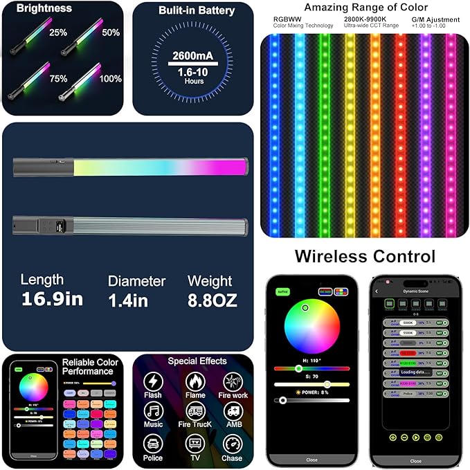 RGB Light Wand, 10W LED Video Lighting Wand Stick for Vlog TikTok YouTube Studio Photography Recording Streaming, 2500K~9900K CRI96+ TLCI98+ 24 Pixel Effects LED Tube Light Bar with APP Control