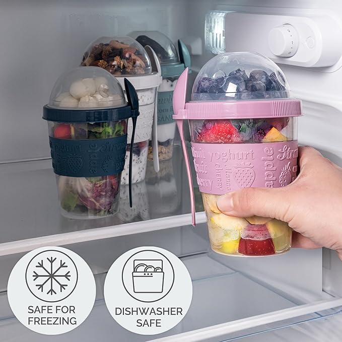 Crystalia 4 Pack 20 oz On The Go Yogurt Parfait Cups with Lids & Spoons, Reusable Yogurt Containers, Take and Go Cup with Topping Cereal or Oatmeal Container, New Colorful Set