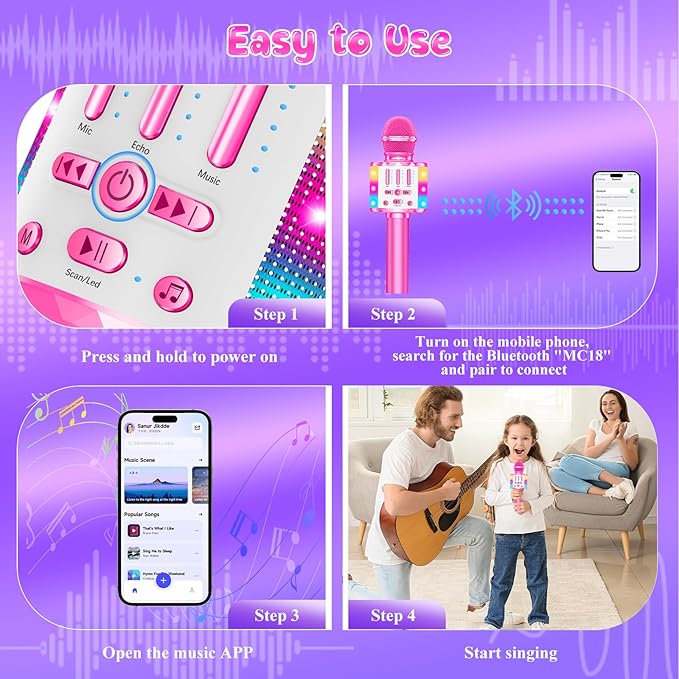 Karaoke Microphone Toys for Kids, Wireless Bluetooth Mic with Lights & Speaker, Portable Home KTV Player System, Perfect Birthday Party for 3-12 Year Old Boys & Girls