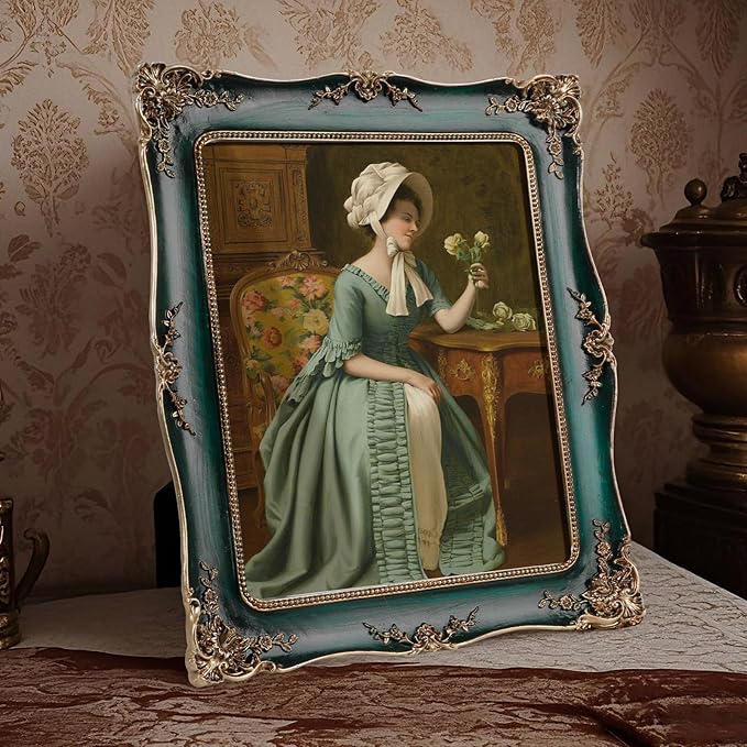 8x10 Vintage Picture Frame, Ornate Green Resin Photo Frame with Gold Accents, Wall Mounting & Tabletop Display for Home Decor, Ideal Gift for Wedding Anniversary Housewarming