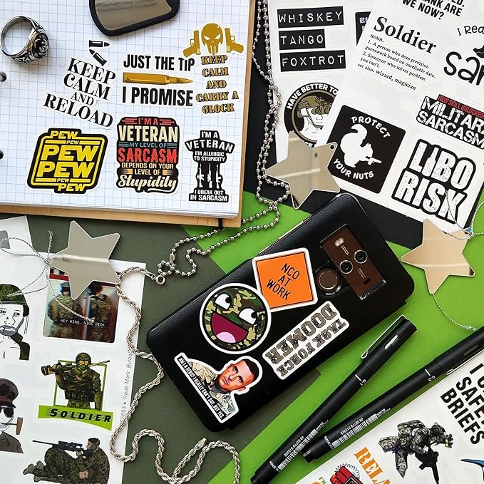 BulbaCraft 100Pcs Funny Army Stickers and Decals — Small Vinyl Military Stickers and Decals for Hard Hat & Helmets, Military or Army Gifts, Gifts for Women & Men