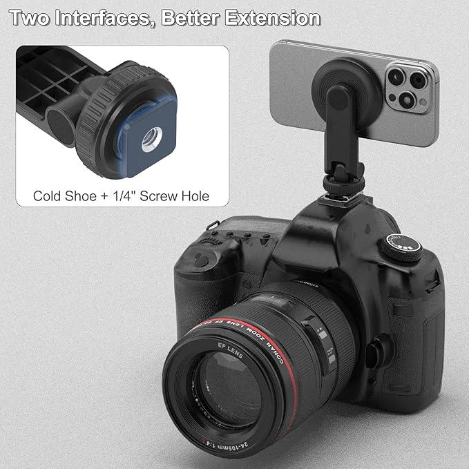 MINIFOCUS Magnetic Phone Tripod Mount for Magsafe, Hot Shoe Camera Adapter with 1/4" Threaded, Cold Shoe Phone Holder for Camera, Compatible with iPhone 17/16/15/14/13 Series