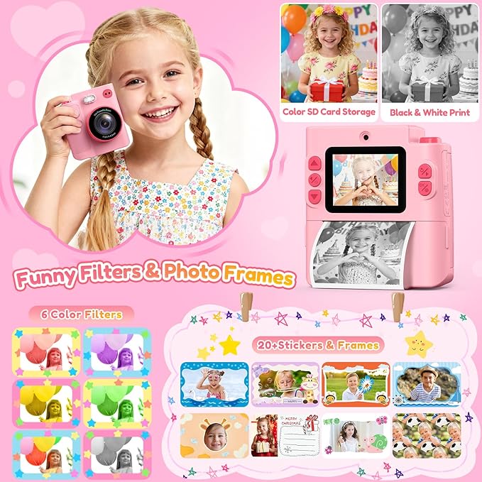 Gift for Girls Kids Camera: Instant Print Dual Lens Digital Camera Toys for Girl 3-12 Birthday Christmas Valentines Gifts for Kid Girls Boys Ages 3 4 5 6 7 8 9 10 with 32G SD Card Storage Bag Pink