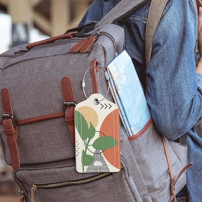 Luggage Tags for Suitcase, 2 Pack PU Leather Travel Cruise Luggage Tag with Privacy Flap, Name ID Label and Metal Loop for Women Men Suitcase Baggage Bag Backpack Instrument, Modern Art