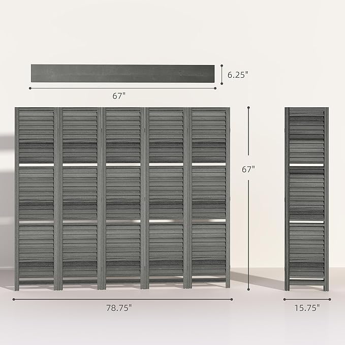 HOMCOM Room Divider, 5 Panel 67" Tall Wood Privacy Screen with 3 Display Shelves, and Folding Storage for Bedroom or Home Office, Gray