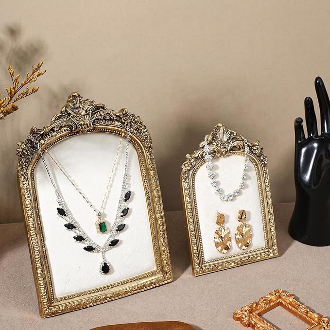 2pcs Gold Resin Jewelry Display Stand,Vintage Jewelry Holder Photo Frame Earring Holder,Velvet Necklace Tray Resin Jewelry Photography Props or Jewelry and Collectibles