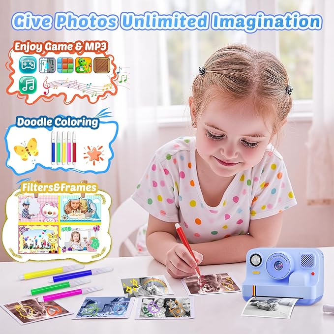 Instant Print Camera for Kids, App Printing, 1080P Video, Dual-Lens Selfie Digital Camera with 32G SD, Christmas Birthday Gifts for Girls Boys 4 5 6 7 8 9 10 11 12 Year Old, Toddler Toy_Blue