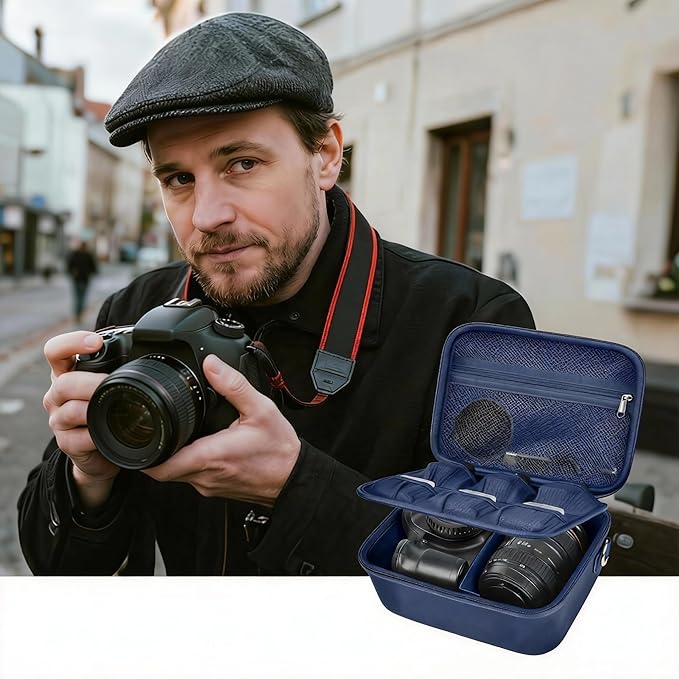 Comecase Hard Camera Case for Canon EOS Rebel T7 R50 R100 R10 R5 R6 R8 Mark II, DSLR Mirrorless Camera Bag with 6 Slots &Adjustable Divider for Lens and Accessories, Travel Storage, Dark Blue